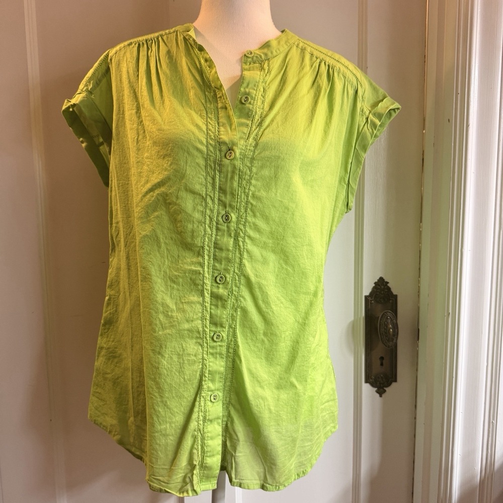 Willi Smith Women's Cotton Button Up Short Sleeve Blouse Size L Green